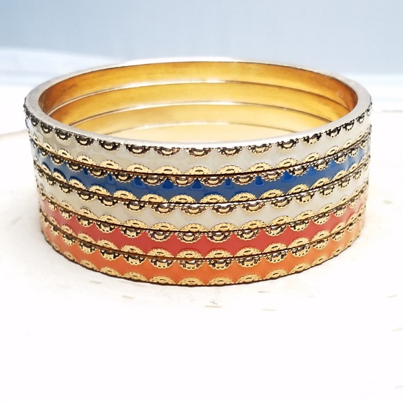 Set Five Orange Red Multicolored Stacking Bangles - Picture 2 of 8